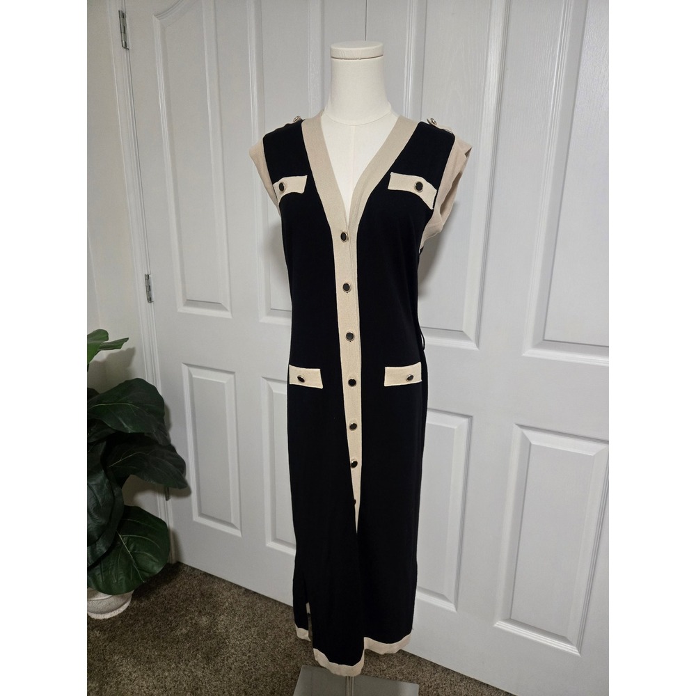FORE Knit Dress Women Medium Black Cream Button Front Colorblock‎ Midi V-Neck